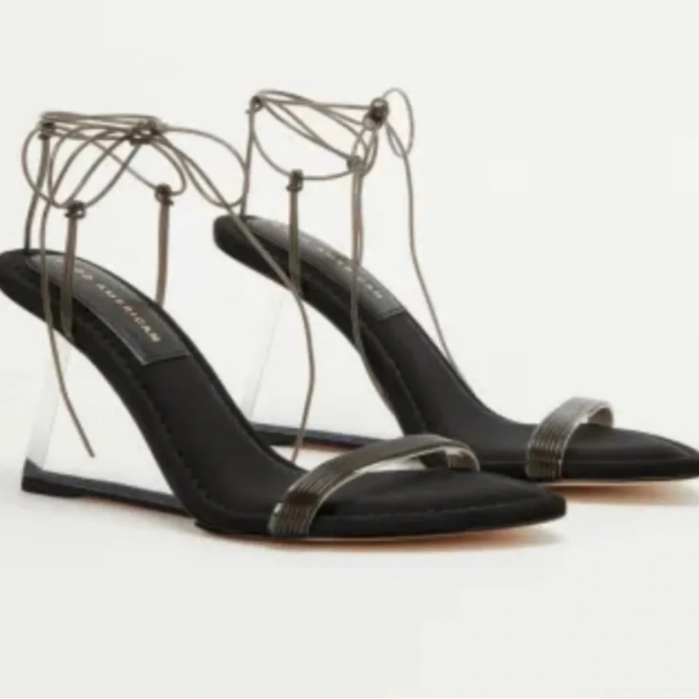 Good American PVC smoky clear wedge ankle strap shoes NWT